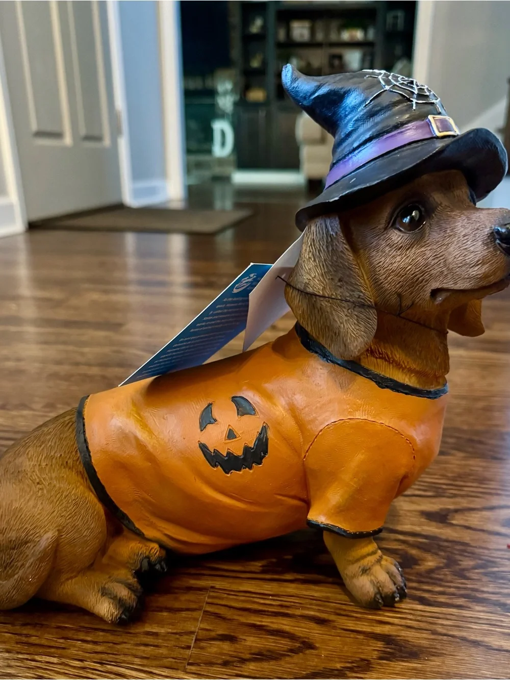 Halloween Pumpkin Dachshund Dog Figurine With Orange and Black Halloween Shirt